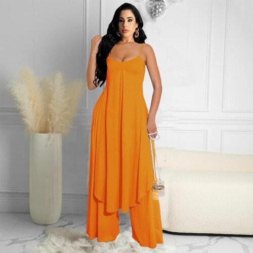 Black Orange Summer Women Two Piece Pant Suit Spaghetti Strap Open Back Extended Edition Tops and Wide Leg Trouser Matching Set