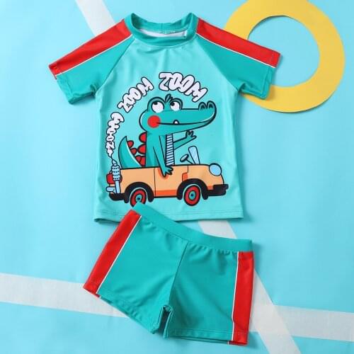 Summer Kids Boys Swimwear Beach Clothes Fashion Two-piece Swimming Suit Short Sleeve Cartoon Crocodile Print Tops+Bottoms Set
