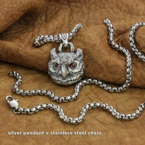 LINSION Red CZ Eyes Owl 925 Sterling Silver Pendant Charms Biker Rock Punk Jewellery TA277
