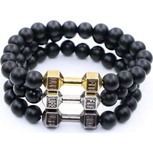 Mestylish New Design Mens Bracelet Natural Stones FIT LIVE Dumbbell Bracelet Lava Onyx Beads Fitness RockmenBracelet