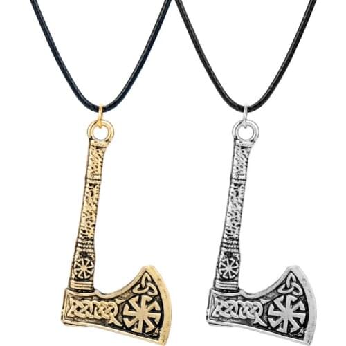 Men Steampunk Necklace Slavic Talisman Sun Wheel Amulet Necklaces Pendants Axe Leather Rope Necklace Jewellery