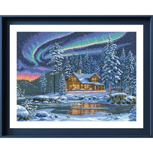 Dreampattern Aurora cabin cross stitch kits winter snow pattern design 18ct 14ct 11ct unprint canvas embroidery DIY