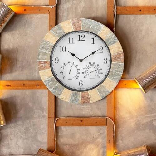 Faux Slate Wall Clock Resin Clock With Thermometer Hygrometer Retro Creative European Style Clock Gift For Modern Living Room
