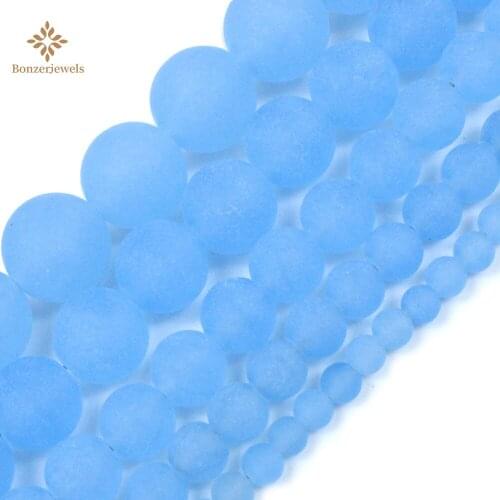 Natural Stone Frosted Matte Light Blue Jades Round Loose Chalcedony Beads For Jewelry Making DIY Bracelet Necklace 4-12mm 15inch