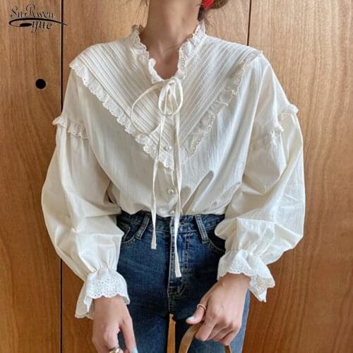 2021 New Loose Clothing Cotton Vintage Elegant Tops Women Shirt Korean Style Solid Long Lantern Sleeve Women Blouse Blusas 9580