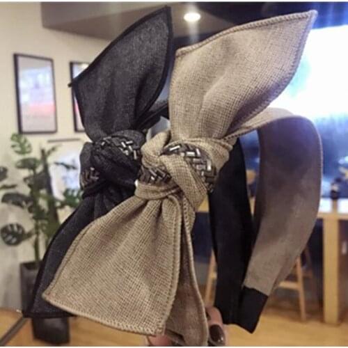 Retro Side Bowknot Headband for Women Accessories Bow Hairband with Crystal Hair Jewelry Adults Solid Hair Bow Hairband Plaid