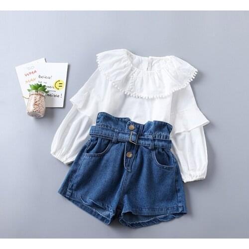 1-5 years high quality girl clothing set new spring fashion tiered ruched solid shirt + denim pant kid children clothing