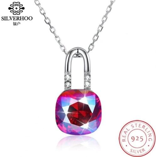 SILVERHOO Necklace Big Crystal S925 Sterling Silver Necklace Lock Crystal Pendant Multicolor Blue Women Fine Jewelry Gifts
