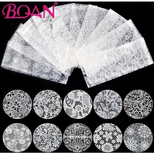 BQAN 10 Sheets Nail Art Transfer Foil Stickers Lace Mixed Flower Patterns White Black For DIY Manicure Decoration Accessories
