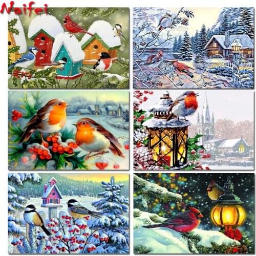 Full Square Round Diamond Painting Christmas Bird Cardinals Cross DIY 5D Diamond Embroidery Winter Scenic Needlework Home Decor