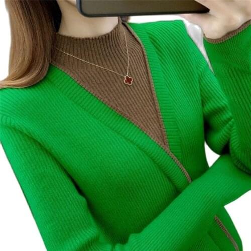 Womens Sweater 2021 Autumn New Slim Fake Two Pieces Knitting Sweater And Pullover Ladies Half Turtleneck Jumper Femme Tops Q60