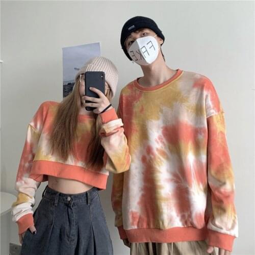 Tie-dye Personalized Tops Hoodies Womens Lovers Long And Short Long-sleeved Round Neck T-shirts Winter Loose Tops Sweatshirts