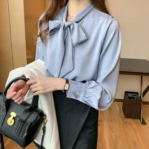 High Quality Blouses Spring 2021 Satin Silk Shirt Bowknot Stand Collar Long Sleeve Chiffon Shirt Elegant Blouse Women Tops