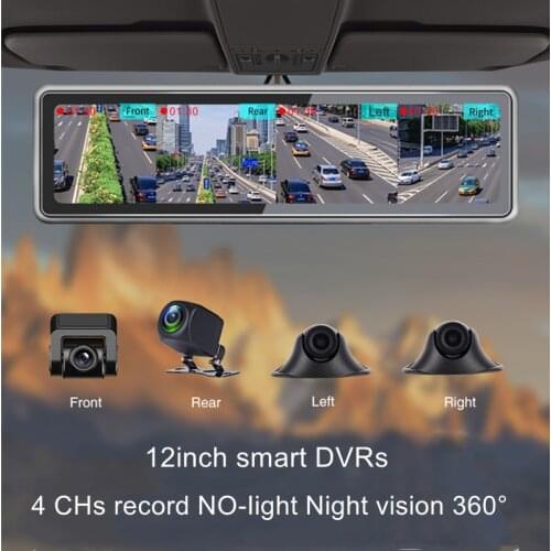 Newest 12 Inch 4 Cams Record Night Vision Car Video Recorder 360 Degree View Touch Screen Smart Mirror DVRs 4 Split Display