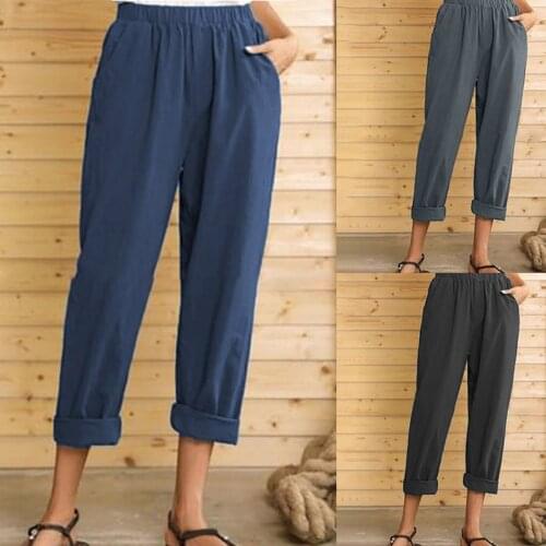 Women Summer Pants Casual Pure Color Elastic Waist Linen Pockets Ankle Pants Comfy Daily Loose Simple Pant Штаны Женский 2021