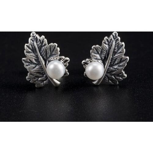 VLA Real 925 Silver Retro Pearl Maple Leaf Stud Earrings Womens Punk Fashion Earrings Wholesale Customization