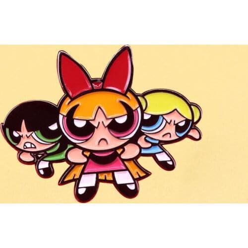 Powerpuff Girls Enamel Pins Cute Cowboy Coat Cartoon Brooch Men Women Fashion Jewelry Gifts Anime Movie Novel Hat Lapel Badges
