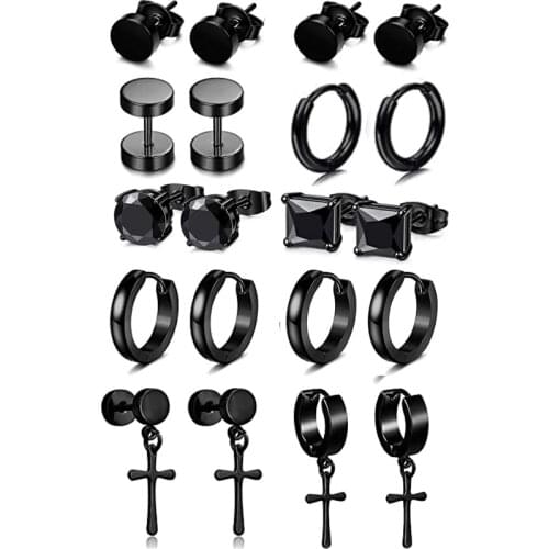 1 Pairs/10 Pairs Stainless Steel Round Hao Shi Cross Black Stud Earrings Mens and Womens Huggie Earrings Piercing Set