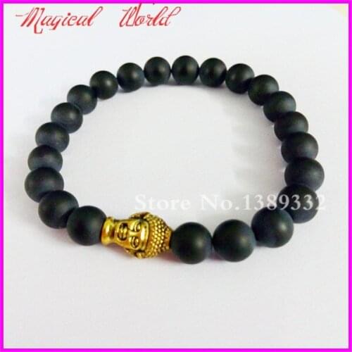 1pc Mens Black Matte Bead Bracelet with Gold Buddha Bracelet, Mala Yoga stretch Bracelet,Stretch Bracelet