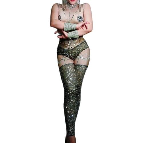 Shiny Costume For Women Rhinestones Performance Pattern Backless Jumpsuit Party Evening Bodycon Performance Suit Dance Wear