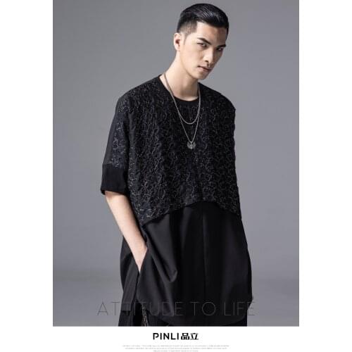 Free shipping New Mens Male Trend Summer dark loose flashing jacquard stitching mid-length Short Sleeve T-shirt BC211111066