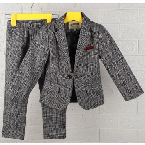 Classic Tweed Plaid Boys Suits 2 Pieces Child Fromal Dress Wedding Suits Baby Grey Formal Tuxedo Kids Blazer with Pants set 2020