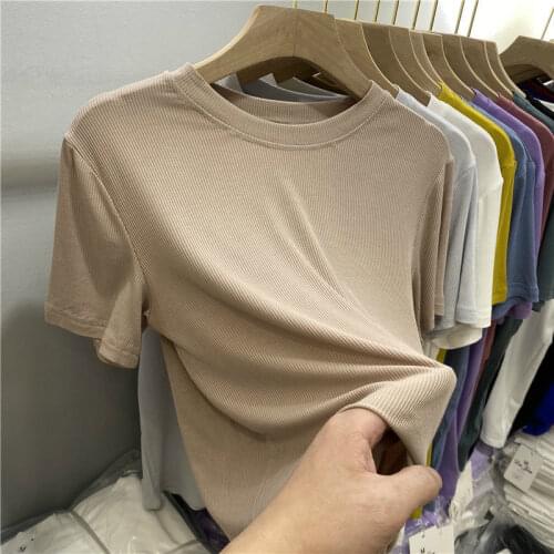 Summer Ribbed Casual Solid Shirts for Women O-Neck Short and Half Sleeve Plus Fashion Tops Mujer Camisetas Basic Chioce Popular