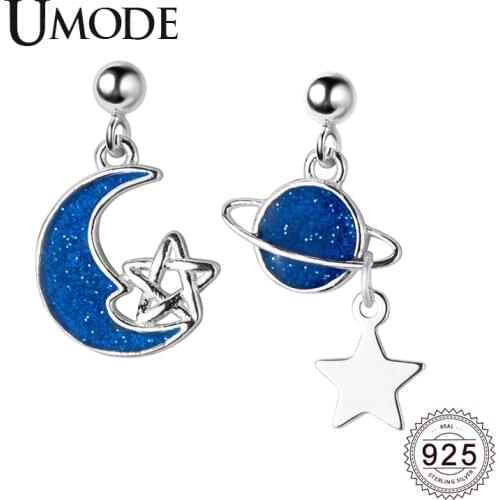 UMODE New Fashion Blue Moon and Stars 925 Sterling Silver Drop Earrings for Women Planets Earring Jewelry Pendiente ALE0561
