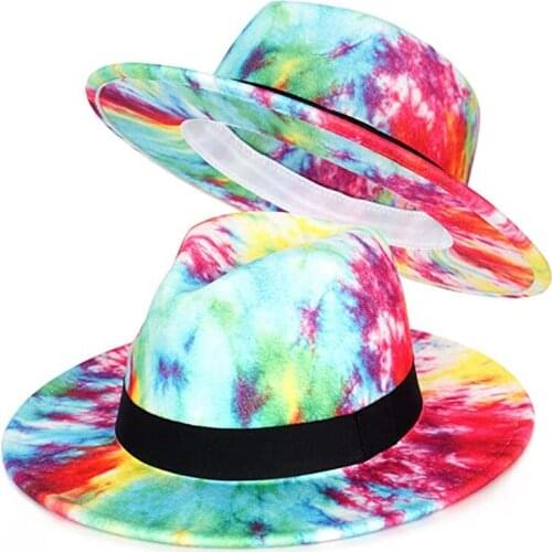 Women Fedora Tie-dye Multicolor Wide Brim Felt Panama Hat Painting Church Derby Top Hat Special Style with Black Chain