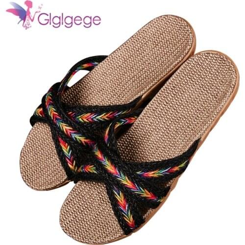 Glglgege Womens home slippers portable non-slip handmade cotton and linen cross straps linen breathable slippers women