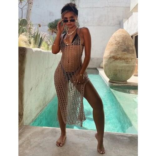 Townlike Knitting Grid Summer Beachwear Dress Womens Sexy Perspective Sleeveless Backless Party Dress Glod Long Maxi Dresses