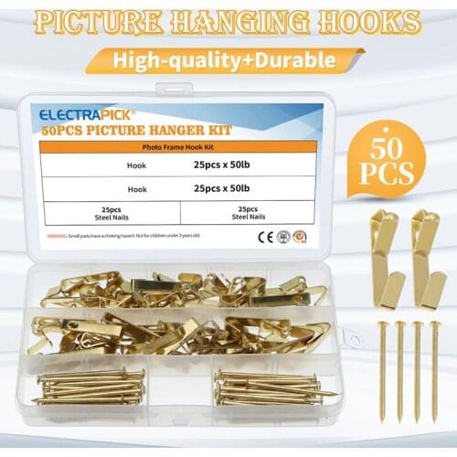 Electrapick 50PCS Picture Hook Hanger For Picture Frame Stretcher Durable Picture Hook With Accessories Wire Rope Screws Nails