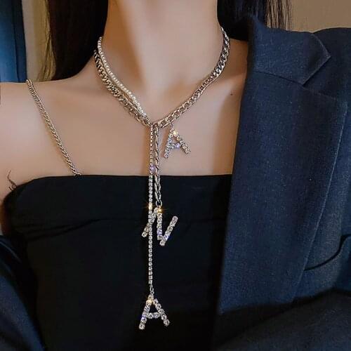 2021 Fashion Jewelry Korean Long Chain Pearl Crystal Letter Necklace Neck Chain Collar Choker Necklaces For Women accessories