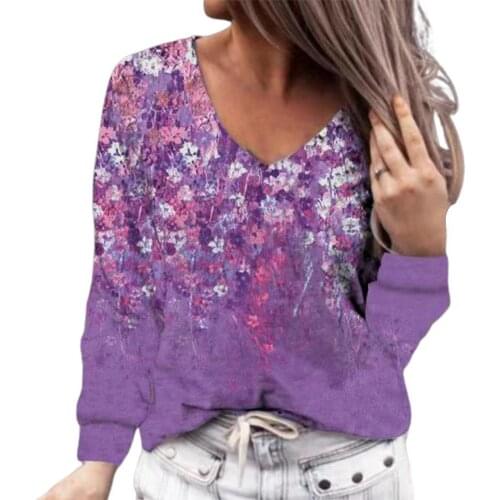 Women T-shirt Floral Print V Neck Autumn Long Sleeve All Match Pullover Streetwear