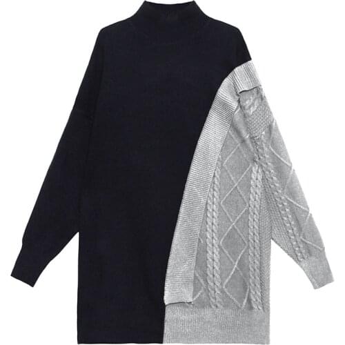 Women Vintage Plus Size Sweater Color Matching Irregular Knit Sweater Women Pullovers Asymmetry Casual Loose Sweaters Top 2020