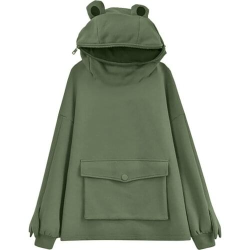 Women Novelty Frog Hoodie Cute Long Sleeve Solid Color Hooded Sweatshirt with Flap Pocket Lazy Style Simple Coat