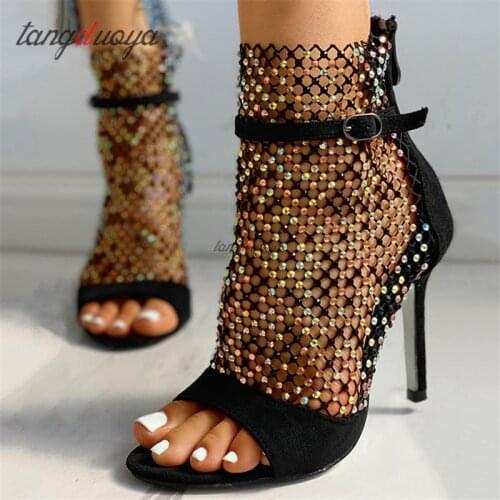 Plus Size Mesh Rhinestone Heels Peep Toe Sandals Women Summer Super High Heels Sandals Night Club Party Shoes Women Pump