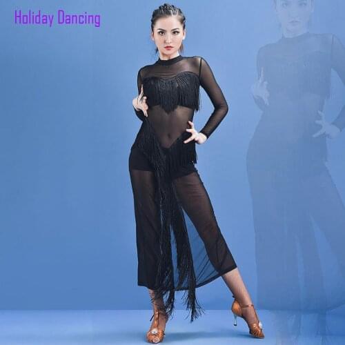 Long Design Women Latin Dance Dress Long Sleeve Tassel Dancing Practise Cloth Samba Tango Chacha Dancing Performamnce SS011