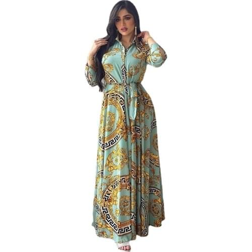 Ethnic Print Maxi Dresses for Women Single-breasted Lapel Shirt Dress Dubai Turkey Arabic Oman Middle East Clothing 2021 New