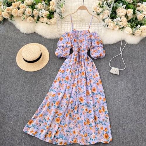 New Summer Women Beach Vacation Sexy Off Shoulder Spaghetti Strap Dress Sweet Puff Sleeve Floral Chiffon Long Dress