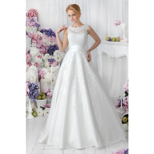 2015 A-Line Scoop Neck Floor Length Vintage Tulle Wedding Dress Bridal Gown Long Bridal Wedding Gown Dress Lace Appliques F1367