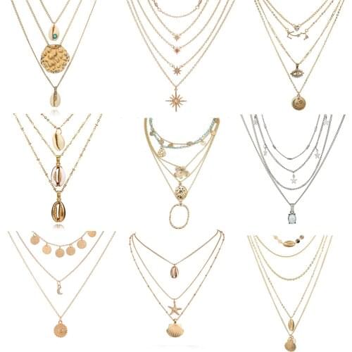 Bohemian 2020 Gold Silver Color Multilayer Necklaces Choker for Women Fashion Shell Crystal Moon Star Choker Necklace Jewelry