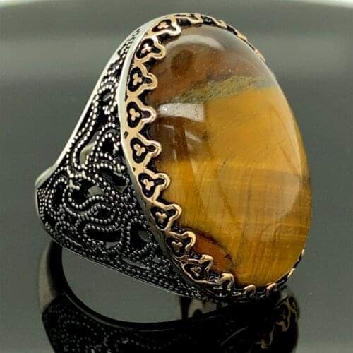 Large Handmade ,Tiger Eye Ring ,Turkish Handmade Silver Men Ring, Ottoman Mens Ring, 925k Sterling Silver Ring , Gift For Him