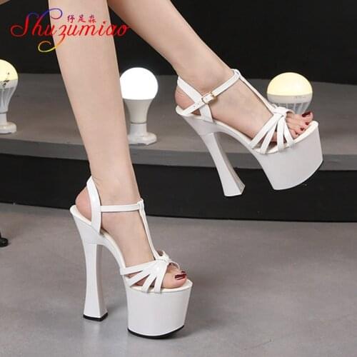 Nightclub Steel Tube Dancing Shoes Sexy T-Belt Hollowed Out Vamp Buckle Strap Sandals Summer 20CM Female Model Super High Heels