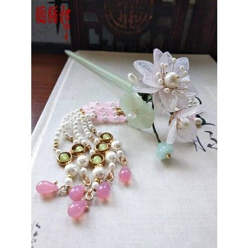 Dan Guang Pink Crystal Petal Xiu Jiade Stick Lotus Flower Vintage Original Handmade Hair Stick Cos Hanfu Hair Accessory