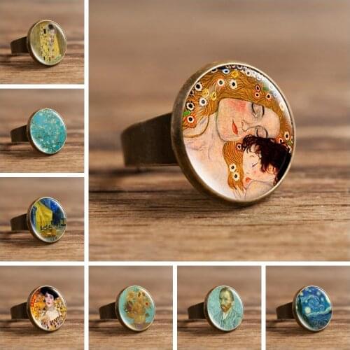The Kiss Klimt Starry Night Dome Glass Art Picture Ring Photo Handcrafted Jewelry Adjustable Size Rings Gifts for Women Girls