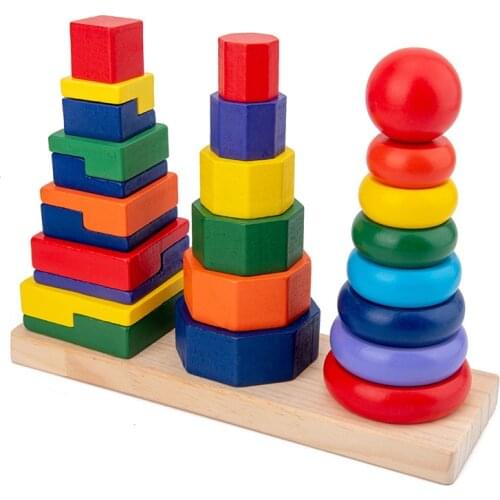 Children Educational Wooden Rainbow Stacker Blocks Toys Shape Colors Matching Rainbow Tower Jenga Montessori Educational Toys