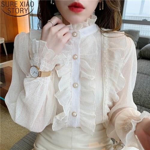 Korean Ruffle Lace Chiffon Shirt Elegant Sweet Long Puff Sleeve Women Blouse Apricot Tops Stand Collar Clothes Chic Blusas 13433