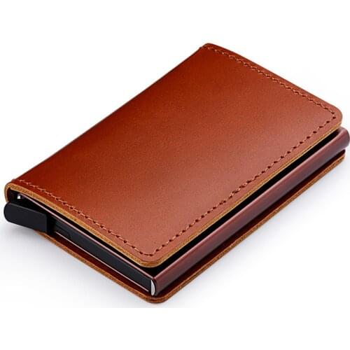 Casekey Vintage Genuine Leather Wallet Smart Mini Rfid Wallet with Pop Up Metal Aluminium Credit Card Holder