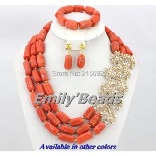 Chunky Nigerian African Wedding Beads Jewelry Set Red/Pink Coral Beads Jewelry Set Necklace Bracelet Earring Free Shipping CJ247